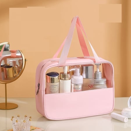 Lichidare Geanta cosmetice Flippy, pentru voiaj sau organizare, material PVC/textil, impermeabila, portabila, 30 x 21 x 12 cm, roz [2]