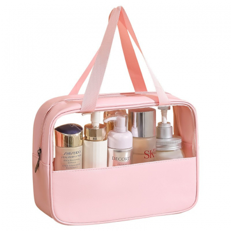 Sub 99 Lei - Lichidare Geanta cosmetice Flippy, pentru voiaj sau organizare, material PVC/textil, impermeabila, portabila, 30 x 21 x 12 cm, roz