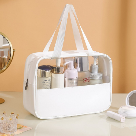 Geanta cosmetice Flippy, pentru voiaj sau organizare, material PVC/textil, impermeabila, portabila, 30x12x21 cm, alb [5]