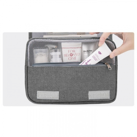 Geanta cosmetice voiaj, Flippy, material panza, impermeabil, 3 compartimente, cu agatatoare, Gri, 47 x 28 x 20 cm [4]