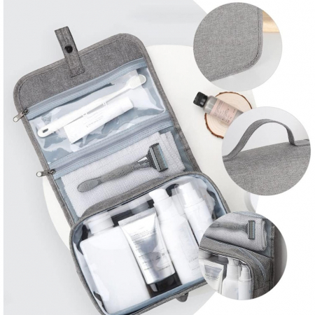 Geanta cosmetice voiaj, Flippy, material panza, impermeabil, 3 compartimente, cu agatatoare, Gri, 47 x 28 x 20 cm [7]