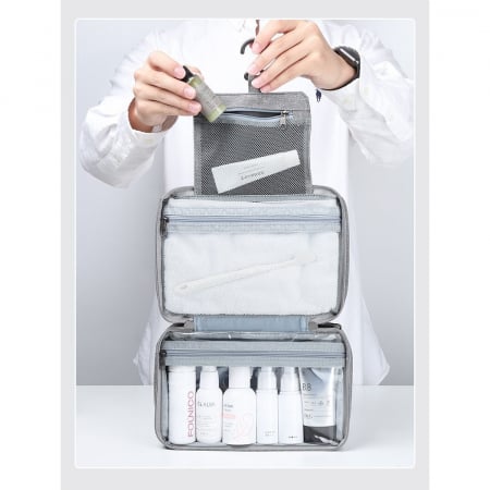 Geanta cosmetice voiaj, Flippy, material textil, impermeabil, Gri, 12.5 x 9 x 22 cm [2]