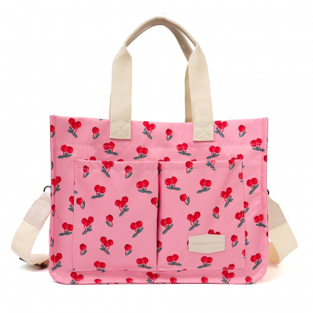 Cutii depozitare diverse - Geanta de Mana/Umar, Multifunctionala, Flippy, Inchidere cu Capsa, Imprimeu Cirese, Material Textil, 33.5 x 25 x 14.5 cm, Roz