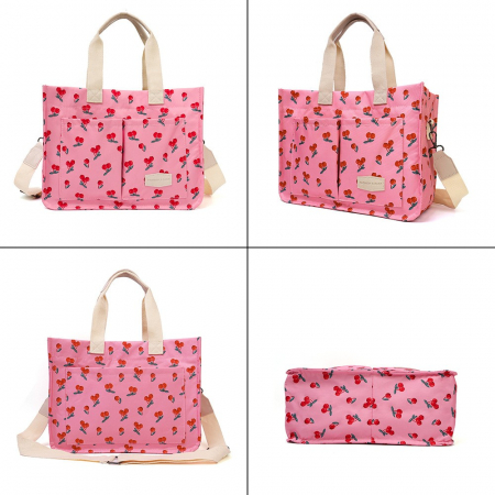 Geanta de Mana/Umar, Multifunctionala, Flippy, Inchidere cu Capsa, Imprimeu Cirese, Material Textil, 33.5 x 25 x 14.5 cm, Roz [4]