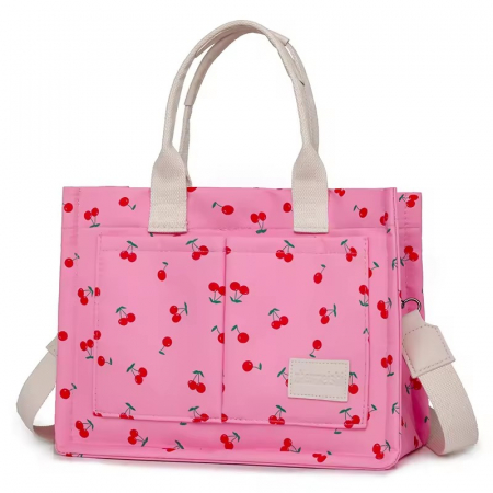 Geanta de Mana/Umar, Multifunctionala, Flippy, Inchidere cu Capsa, Imprimeu Cirese, Material Textil, 33.5 x 25 x 14.5 cm, Roz [7]