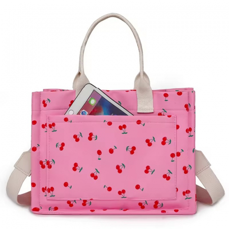 Geanta de Mana/Umar, Multifunctionala, Flippy, Inchidere cu Capsa, Imprimeu Cirese, Material Textil, 33.5 x 25 x 14.5 cm, Roz [6]