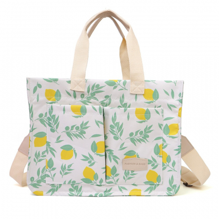 Sub 99 Lei - Geanta de Mana/Umar, Multifunctionala, Flippy, Inchidere cu Capsa, Imprimeu Lamai, Material Textil, 33.5 x 25 x 14.5 cm, Alb/Galben