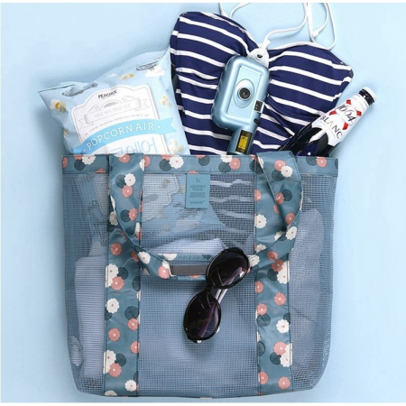 Geanta de Plaja, Flippy, din Plasa Transparenta, Imprimeu Floral, 43 x 10 x 33 cm, Model pentru Umar, Lungime Inferioara 33 cm, Albastru [7]