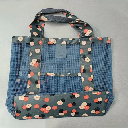 Geanta de Plaja, Flippy, din Plasa Transparenta, Imprimeu Floral, 43 x 10 x 33 cm, Model pentru Umar, Lungime Inferioara 33 cm, Albastru [9]