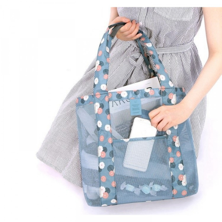 Geanta de Plaja, Flippy, din Plasa Transparenta, Imprimeu Floral, 43 x 10 x 33 cm, Model pentru Umar, Lungime Inferioara 33 cm, Albastru [3]