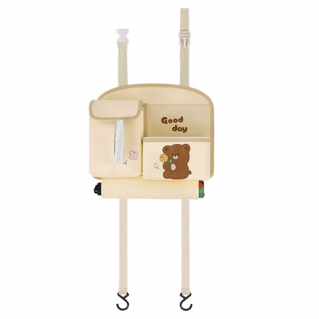 Pentru Casa si Camping - Geanta Multifunctionala de Depozitare, Flippy, pentru Bancheta din Spate a Masinii, Animat, Model Ursuleti, Scris Good Day, Suport Servetele si Telefon, 25x31 cm, Bej