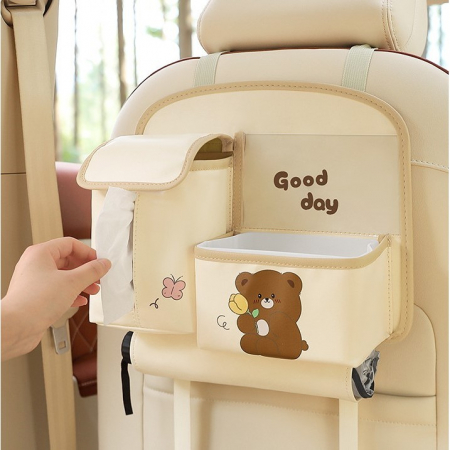 Geanta Multifunctionala de Depozitare, Flippy, pentru Bancheta din Spate a Masinii, Animat, Model Ursuleti, Scris Good Day, Suport Servetele si Telefon, 25x31 cm, Bej [3]