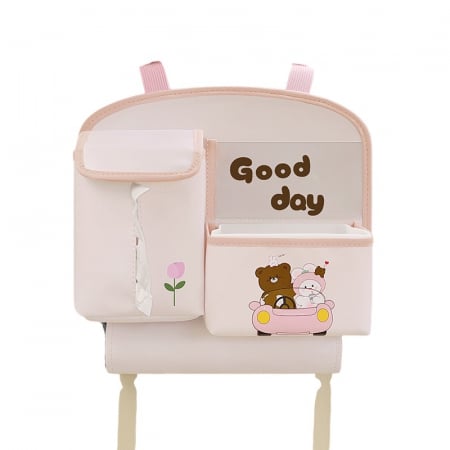 Pentru Casa si Camping - Geanta Multifunctionala de Depozitare, Flippy, pentru Bancheta din Spate a Masinii, Animat, Model Ursuleti, Scris Good Day, Suport Servetele si Telefon, 25x31 cm, Roz