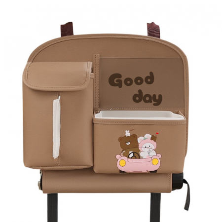 Pentru Casa si Camping - Geanta Multifunctionala de Depozitare, Flippy, pentru Bancheta din Spate a Masinii, Animat, Model Ursuleti, Scris Good Day, Suport Servetele si Telefon, 25x31 cm, Maro