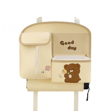 Geanta Multifunctionala de Depozitare, Flippy, pentru Bancheta din Spate a Masinii, Animat, Model Ursuleti, Scris Good Day, Suport Servetele si Telefon, 25x31 cm, Bej [9]