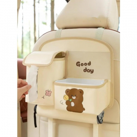 Geanta Multifunctionala de Depozitare, Flippy, pentru Bancheta din Spate a Masinii, Animat, Model Ursuleti, Scris Good Day, Suport Servetele si Telefon, 25x31 cm, Bej [7]