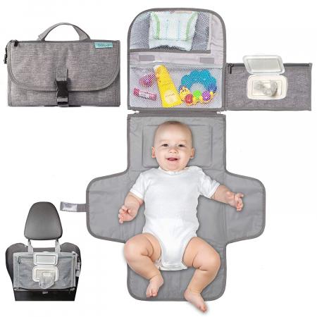 Jucarii, Copii & Bebe - Geanta Multifunctionala, Flippy, Tip Aleza de Schimbat Scutece, Impermeabila, din Panza Oxford, cu Buzunare, Usor de Agatat, 30 x 20 cm, Gri