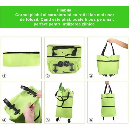 Geanta Pliabila, Flippy, 2 in 1, Carucior cu Roti, pentru Cumparaturi, 19 l, Verde, Plastic, 39 x 46 x 12 cm [2]