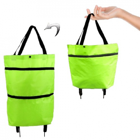 Pentru Casa si Camping - Geanta Pliabila, Flippy, 2 in 1, Carucior cu Roti, pentru Cumparaturi, 19 l, Verde, Plastic, 39 x 46 x 12 cm