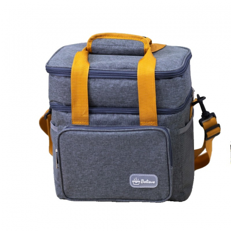 Pentru Casa si Camping - Geanta Termica, Flippy, 2 Compartimente Separate, Multifunctionala, Impermeabila, Manere si Curea de Umar, 25.5x18x30 cm, Gri