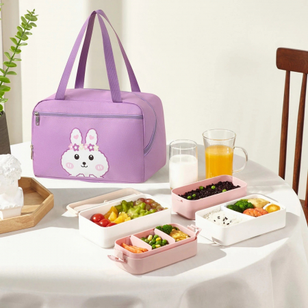 Geanta Termo-Izolanta, Flippy, Compartimente Telefon si Tacamuri, Multifunctionala, Impermeabila, 30x21x20 cm, Design Iepuras, Mov [4]