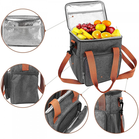 Geanta Termo-Izolanta, Flippy, Multifunctionala, 1 Compartiment Principal, 1 Buzunar Lateral Exterior, Impermeabila, Manere si Bretea de Umar, 25x22x15 cm, Gri [1]