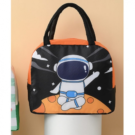 Geanta Termoizolanta pentru Copii, Flippy, 23x13x19 cm, Model Imprimeu Astronaut, din Folie de Aluminiu si Panza Oxford, Negru/Portocaliu [2]