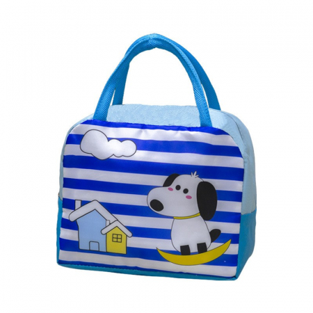 Bucatarie si electrocasnice - Geanta Termoizolanta pentru Copii, Flippy, 23x13x19 cm, Model Imprimeu Catel, din Folie de Aluminiu si Panza Oxford, Albastru/Alb