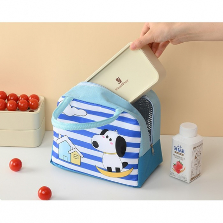 Geanta Termoizolanta pentru Copii, Flippy, 23x13x19 cm, Model Imprimeu Catel, din Folie de Aluminiu si Panza Oxford, Albastru/Alb [8]