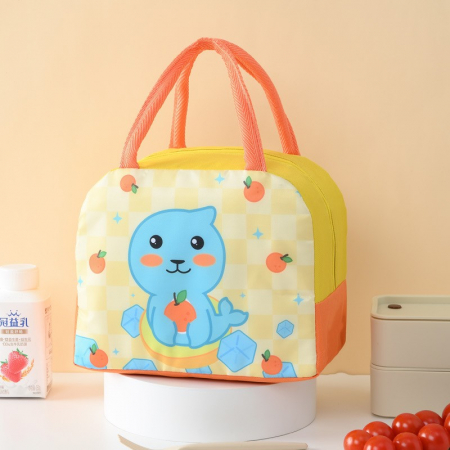 Geanta Termoizolanta pentru Copii, Flippy, 23x13x19 cm, Model Imprimeu Foca, din Folie de Aluminiu si Panza Oxford, Galben/Portocaliu [4]