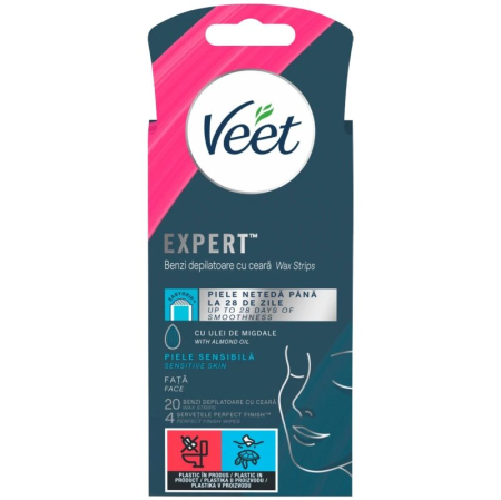 Sub 99 Lei - Gel, Veet Benzi Depilatoare Fata Easy, 20 buc Sensitive Skin Albastrele