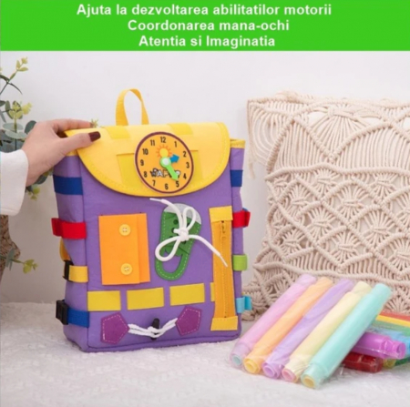 Ghiozdan Montessori, 2-6 ani, cu Jucarii Senzoriale, Activitate de Invatare prin Joc, Mov, 0.25 kg, 28x10x23 cm [1]