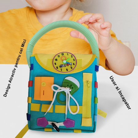 Lichidare Ghiozdan Montessori, Flippy, pentru Copii 2-6 ani, Fidget Pop, cu Catarame si Fermoare, Jucarii Senzoriale, Activitate de Invatare prin Joc, Turcoaz, 0.25 kg, 28x10x23 cm [2]