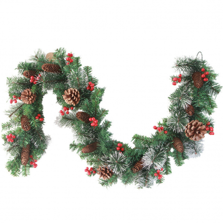 Decoratiuni, ornamente si articole Craciun - Ghirlanda de Craciun, cu merisoare si conuri, din brad artificial, cu parti de pin inzapezit, 270 cm, Verde