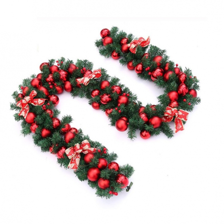 Ghirlanda decorativa Craciun cu Globuri rosii si funde rosii cu argintiu, Flippy, 2,70 m, Verde [2]