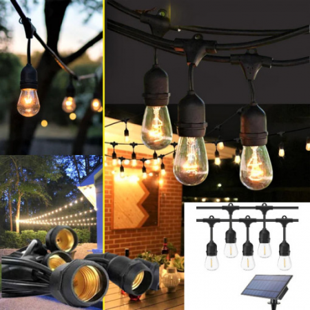 Decoratiuni, ornamente si articole Craciun - Ghirlanda luminoasa de exterior solara 10 becuri (2 LEDuri Filament), 5 M, 220 V interconectabil, cablu negru, alb cald - Copie