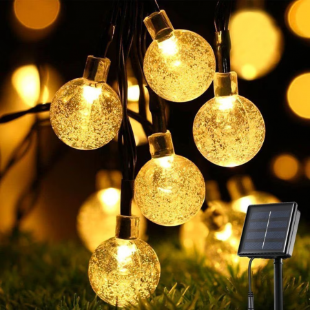 Instalatii liniare si role de furtun luminos - Ghirlanda luminoasa solara bile cu 50 LED-uri, alb calda, 6.5 m