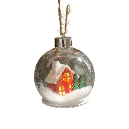 Glob pentru Bradul de Craciun LED, Flippy, Model A, Glob Transparent cu Figurina Casa si Braduti iluminat LED, Diametrul 10 cm, Baza Solida, Transparent [4]