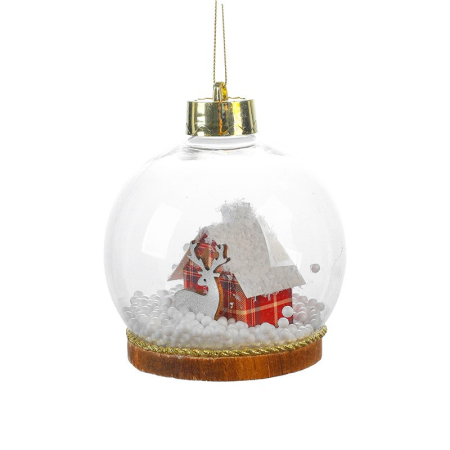 Casă și camping - Glob pentru Bradul de Craciun LED, Flippy, Model B, Glob Transparent cu Figurina Casa si Ren iluminat LED, Diametrul 10 cm, Baza Solida, Transparent