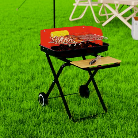 Gratar pe carbuni KLUGMEISTER KY28020F, material otel, cu roti deplasare, gratar detasabil, raft frontal, suprafata gatire 53x35 cm [4]