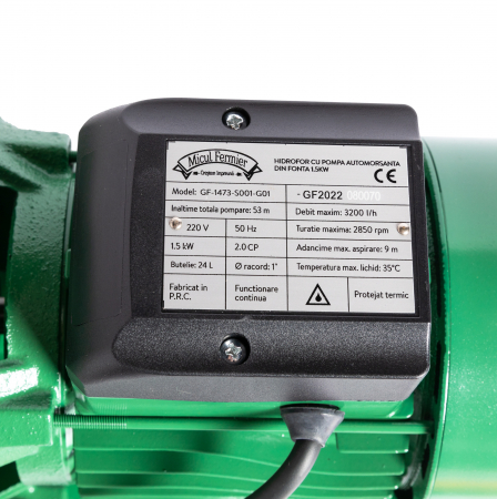 Hidrofor Micul Fermier 1.5 kW, debit maxim 3000l/h, inaltime maxima de pompare 53m, corp pompa fonta, capacitate vas expansiune 24 litri [5]