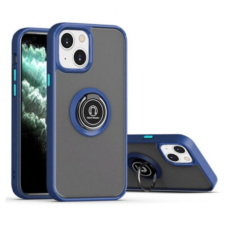 GSM - Husa Anti Fall Metal Bracket pentru Apple iPhone 14 Pro Max, Rezistenta la socuri, Margini colorate, Cu inel de prindere magnetic, Flippy, Albastru