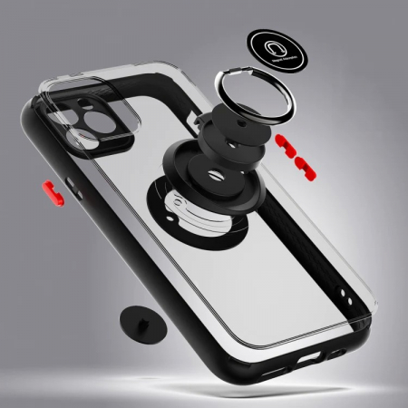 Husa Anti Fall Metal Bracket pentru Apple iPhone 14 Pro Max, Rezistenta la socuri, Margini colorate, Cu inel de prindere magnetic, Flippy, Negru [2]