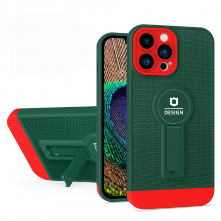 GSM - Husa Armor Design cu Stand pentru Apple iPhone 14 Plus (6.7) Verde/Rosu, Suport Auto Magnetic, Protectie Antisoc, Flippy
