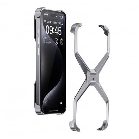 GSM - Husa Armor X Compatibila cu iPhone 15 Pro, Flippy, Aliaj de Aluminiu, Antisoc, Antizgarieturi, Impermeabila, Margini cu 2 Straturi, Aderent, Montare Usoara, Surubelnita Inclusa, Gri Metalizat