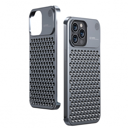GSM - Husa Aromaterapia Compatibila cu iPhone 15 Pro, Flippy, Antisoc, Antizgariere, Protectie Camera si Supraincalzire, din Aliaj de Aluminiu, Gri