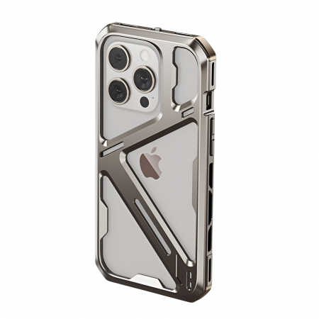 GSM - Husa de Protectie Armor Metal Compatibila cu iPhone 15 Pro, Flippy, Antizgariere, Antisoc, Protectie Supraincalzire, Gri Metalizat