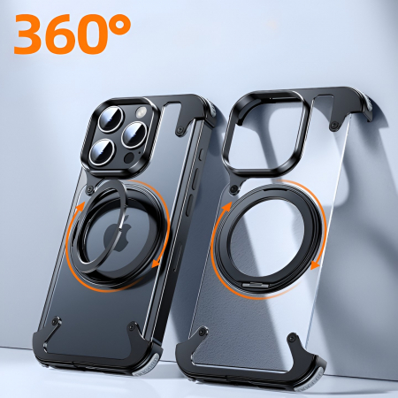 Husa de Protectie Compatibil cu iPhone 15 Pro, Flippy, Incarcare Wireless, Tehnologie Magsafe, Inel Magnetic Rotativ 360 cu Functie de Suport, Rama Metalica, Carcasa din PC, Negru Transparent [4]