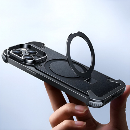 Husa de Protectie Compatibil cu iPhone 15 Pro, Flippy, Incarcare Wireless, Tehnologie Magsafe, Inel Magnetic Rotativ 360 cu Functie de Suport, Rama Metalica, Carcasa din Piele, Negru [6]
