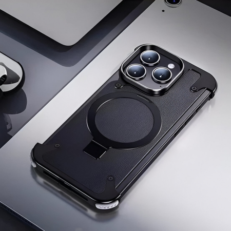 Husa de Protectie Compatibil cu iPhone 15 Pro, Flippy, Incarcare Wireless, Tehnologie Magsafe, Inel Magnetic Rotativ 360 cu Functie de Suport, Rama Metalica, Carcasa din Piele, Negru [1]
